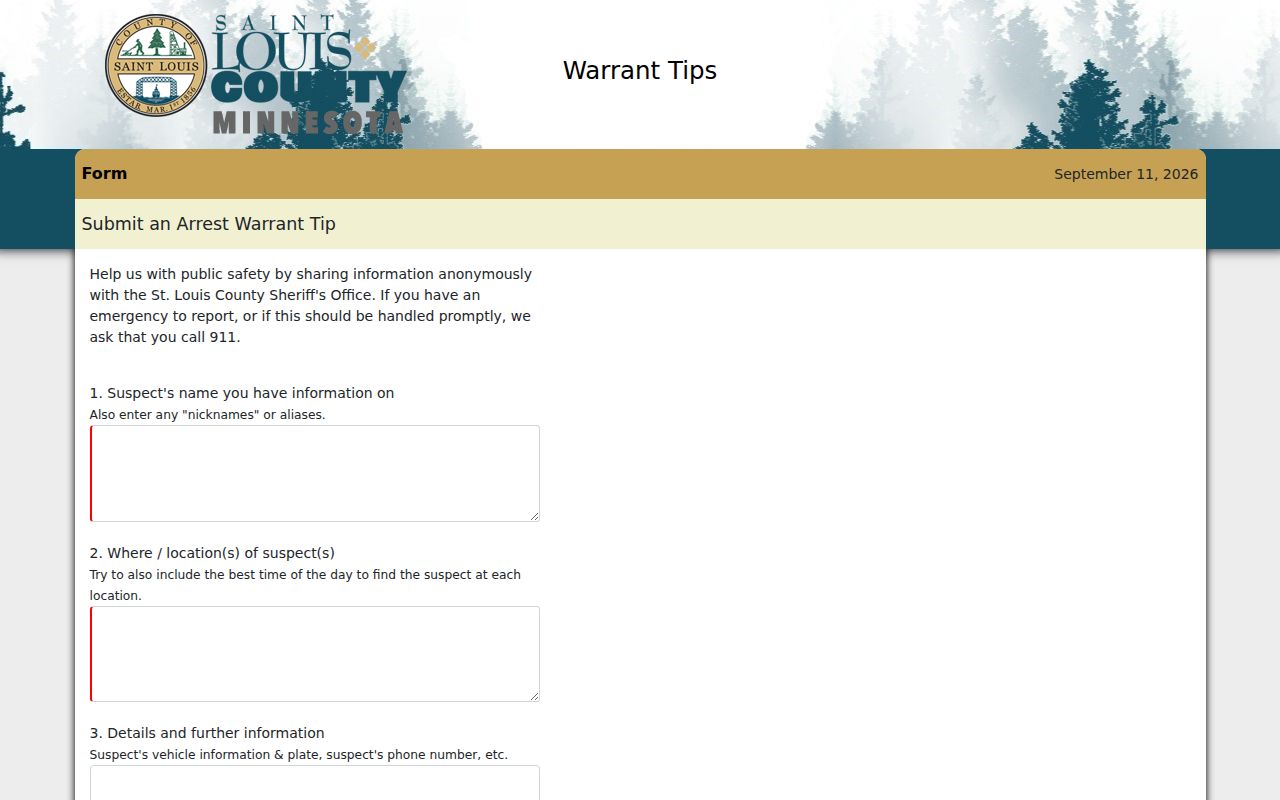 St. Louis County warrant tip form used for enforcement tips rather than warrant status checks