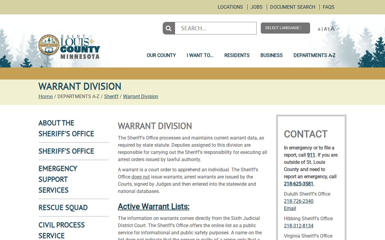 St. Louis County warrant list instructions on the Sheriff Warrant Division page